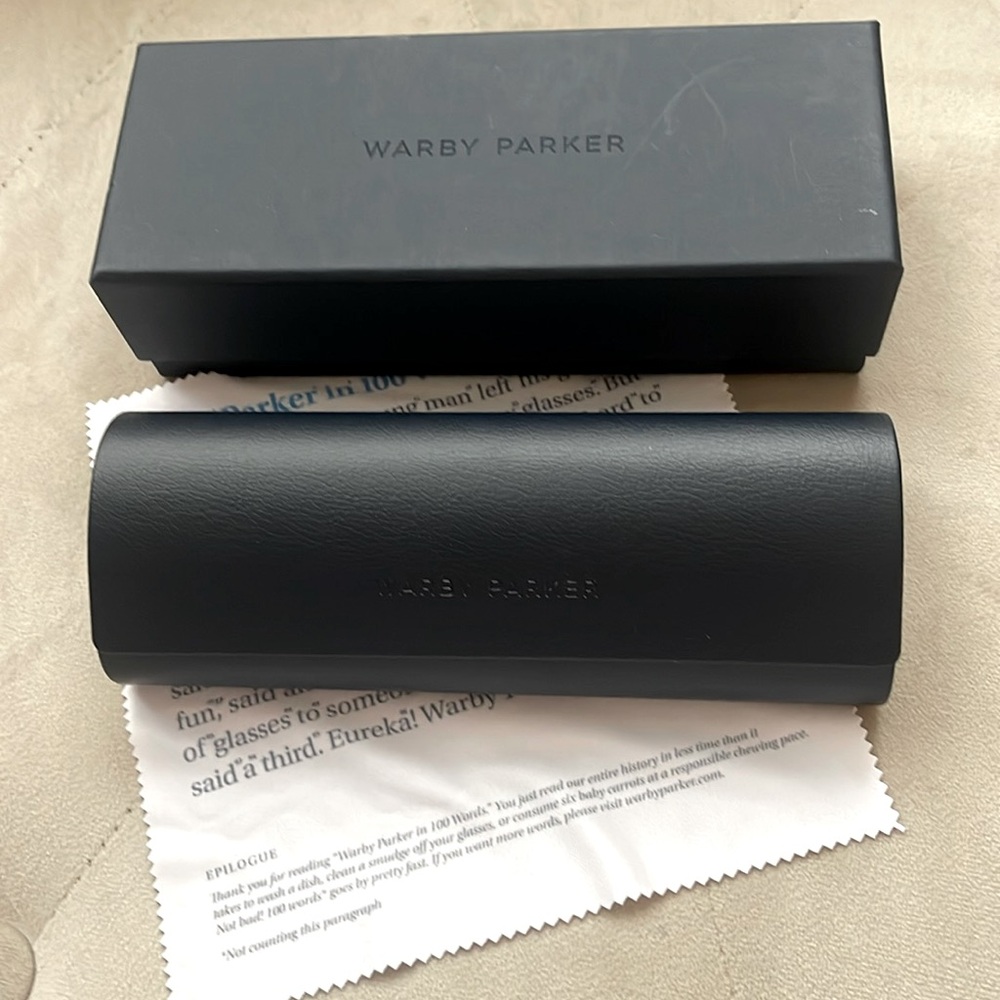Warby Parker eyeglass case, box and cleaning cloth